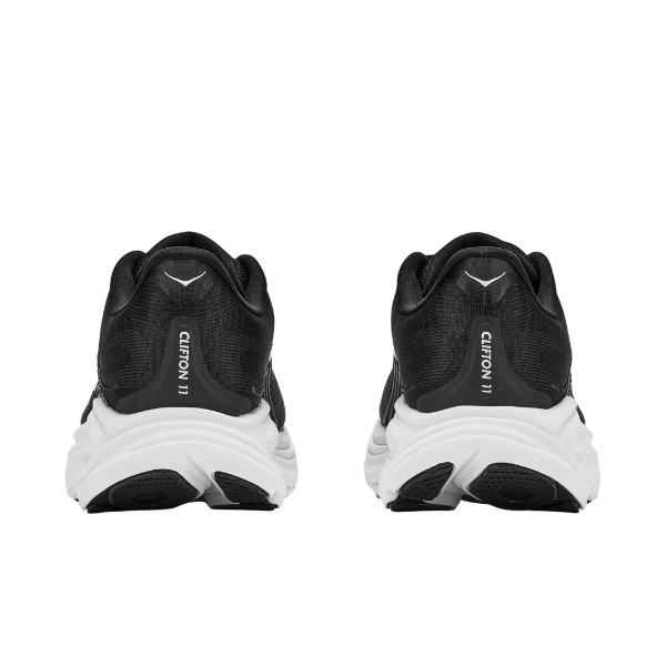Back view of HOKA Men's Clifton 11 Wide Black/White running shoes with cushioned white soles on a white background.