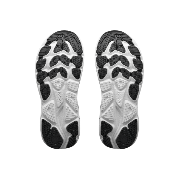 The HOKA Men's Clifton 11 Wide Black/White running shoes are displayed with cushioned soles against a white background.