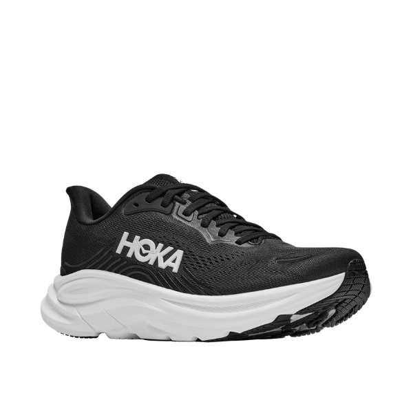 HOKA Men's Clifton 11 Wide Black/White running shoes with cushioned sole and white logo, shown at an angle.