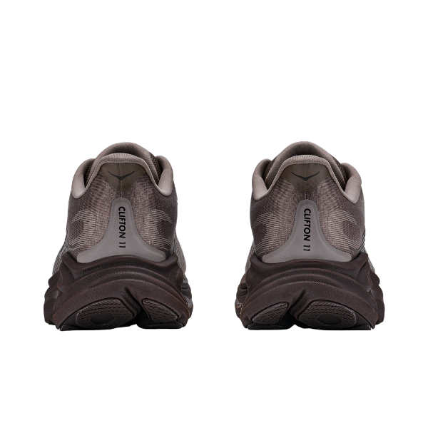 HOKA Men's Clifton 11 Brown running shoes shown from the back with "CLIFTON 11" on the heel.