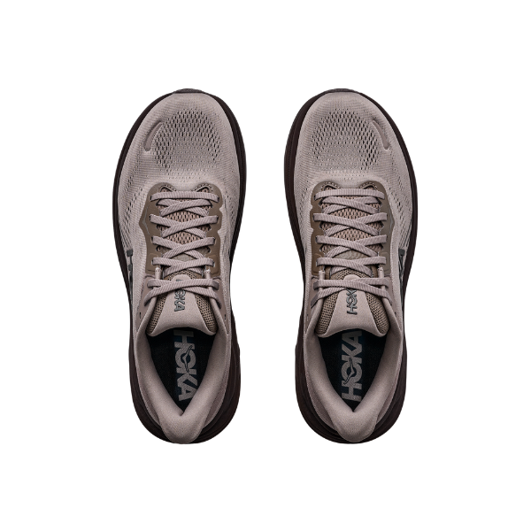 Top view of HOKA Men's Clifton 11 Brown running shoes with black soles, designed as cushioned trainers.