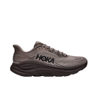 HOKA Men's Cliftion 11 Brown cushioned trainer, shown in taupe/dark brown with logo, left side view.