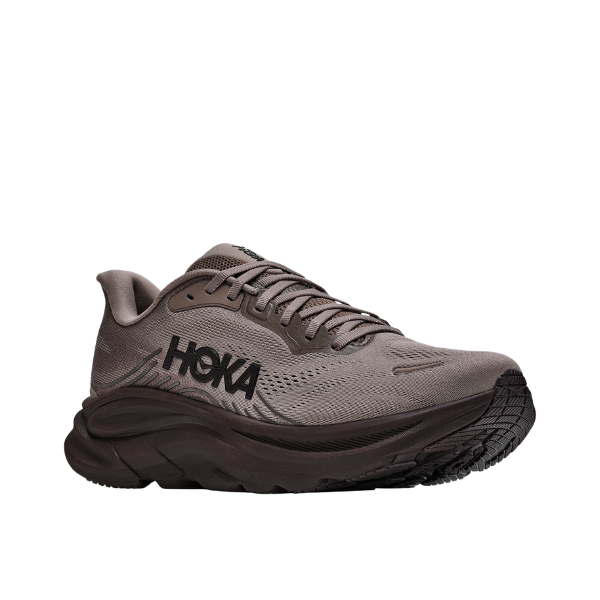 HOKA Men's Clifton 11 Brown running shoe with black sole and mesh upper shown at an angle.