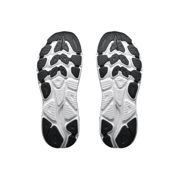 HOKA Men's Clifton 11 Grey running shoe soles with black traction, shown side by side on a white background.