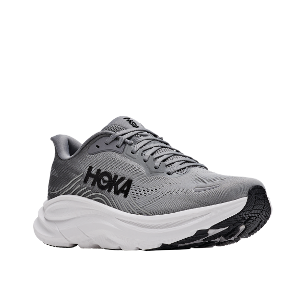HOKA Men's Clifton 11 Grey running shoes with cushioned sole and black logo shown on a white background.
