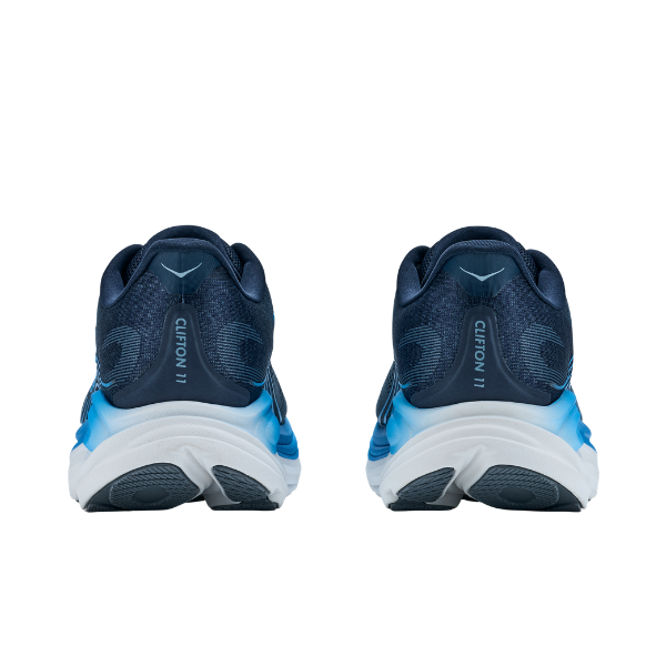 Rear view of HOKA Men's Clifton 11 Navy running shoes with white soles, featuring the APMA Seal of Acceptance.