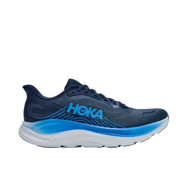 HOKA Men's Clifton 11 Navy trainer with white and bright blue sole, side view on a white background.