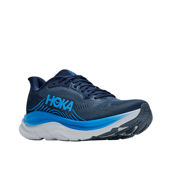 HOKA Men's Clifton 11 Navy cushioned running shoes with light blue accents and a thick white-blue sole, side view.