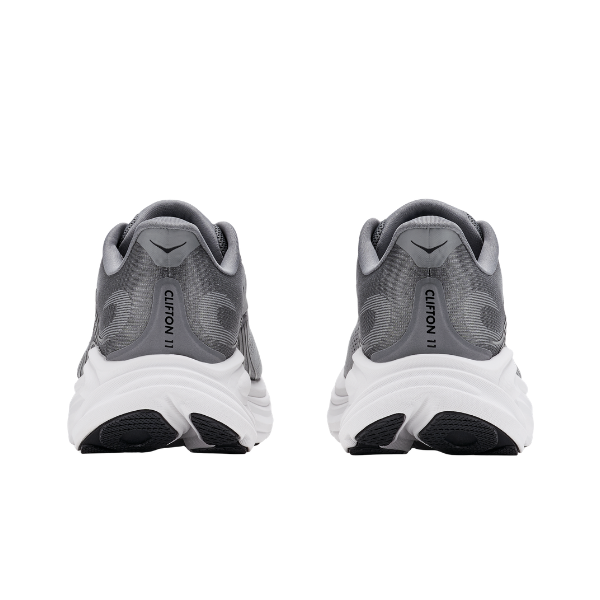 Rear view of HOKA Men's Clifton 11 Wide Grey, a cushioned trainer with gray uppers and white soles.