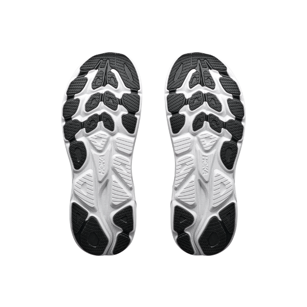HOKA Men's Clifton 11 Wide Grey running shoe soles with geometric tread, side by side on a white background.