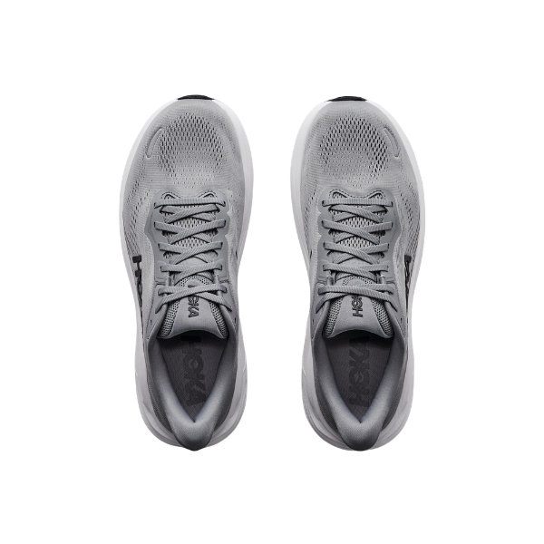 Top view of HOKA Men's Clifton 11 Wide Grey running shoes—cushioned trainers side by side on a white background.