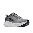 HOKA Men's Clifton 11 Wide Grey running shoes with black logo and thick white sole, angled on a white background.