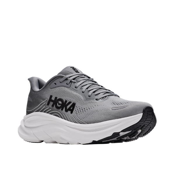 HOKA Men's Clifton 11 Wide Grey running shoes with black logo and thick white sole, angled on a white background.