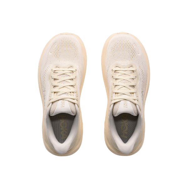 A pair of HOKA Women's Clifton 11 Alabaster/Oat Milk running shoes viewed from above on a white background.