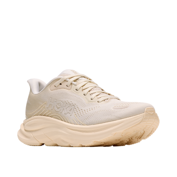 HOKA Women's Clifton 11 Albaster/Oat Milk—cushioned daily trainers with thick soles and mesh uppers for running.