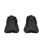 Rear view of HOKA Women's Clifton 11 Black/Black running shoes placed side by side on a white background.