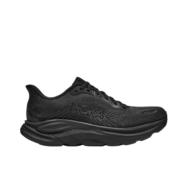 HOKA Women's Clifton 11 Black/Black features a mesh upper, cushioned sole, and APMA Seal of Acceptance.