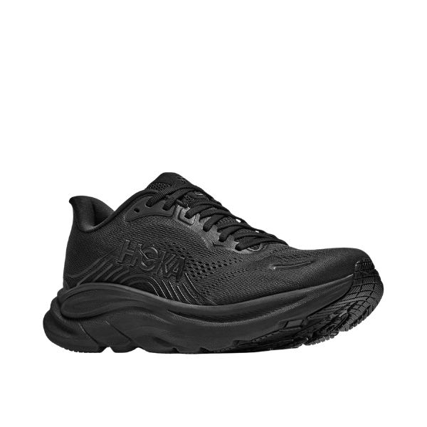 HOKA Women's Clifton 11 Black/Black running shoe with cushioned sole and mesh upper on a white background.