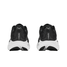 A pair of HOKA Women's Clifton 11 running shoes in Black/White, shown from the back.