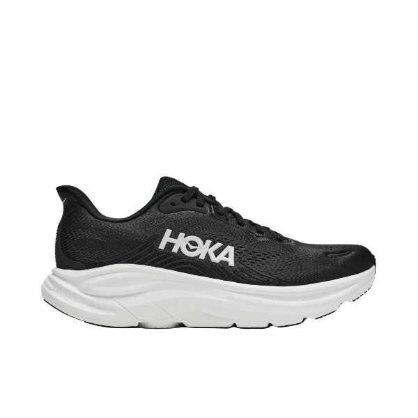 HOKA Women's Clifton 11 Black/White cushioned running shoes shown side view on a plain white background.