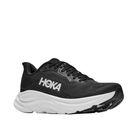 HOKA Women's Clifton 11 Black/White trainers feature a thick white sole and logo, shown from the front left.