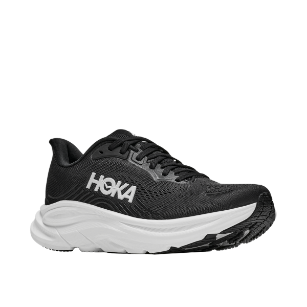 HOKA Women's Clifton 11 Black/White trainers feature a thick white sole and logo, shown from the front left.