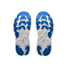 HOKA Women's Clifton 11 Frost/Blue running shoes showing blue and white soles, viewed from the bottom on white.
