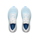 Top view of HOKA Women's Clifton 11 Frost/Blue cushioned running shoes with white laces on a white background.