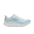 HOKA Women's Clifton 11 Frost/Blue—light blue and white cushioned trainers with white laces and thick sole.