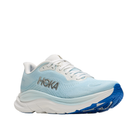 The HOKA Women's Clifton 11 Frost/Blue features a thick, cushioned sole and blue tread accents on white.