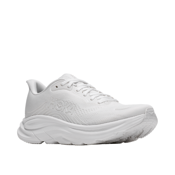HOKA Women's Clifton 11 White/White running shoe with textured sole and logo, side view on a white background.