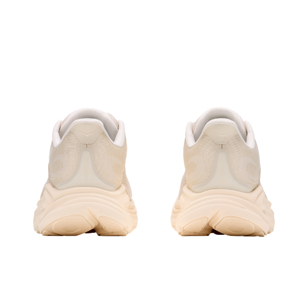 HOKA Women's Clifton 11 Wide running shoes in Alab/Oat, shown from the back with cushioned trainer design.