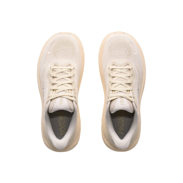 A pair of HOKA Women's Clifton 11 Wide Alab/Oat shoes viewed from above on a white background.