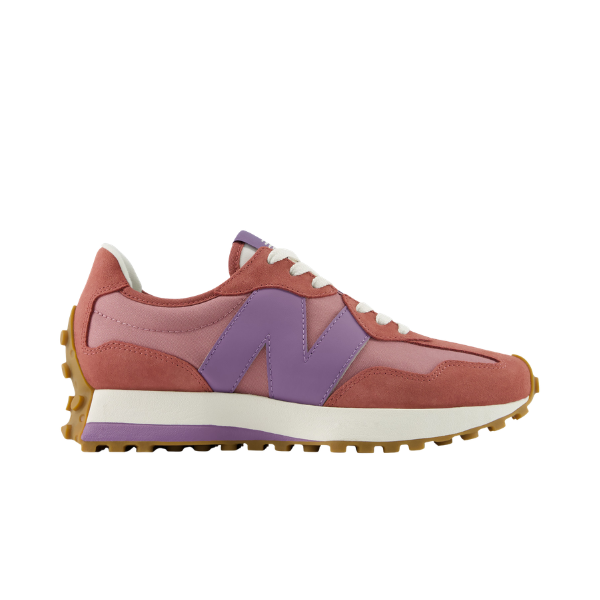 New Balance Women's 327 Rose/White running shoe with white laces and gum sole, pictured in side profile.