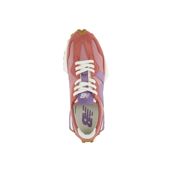 Top view of the New Balance Women's 327 Rose/White sneaker with white laces on a white background.