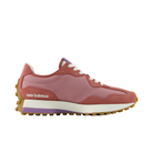 New Balance Women's 327 Rose/White sneakers with white laces, gum sole, and purple midsole detail shown in profile.