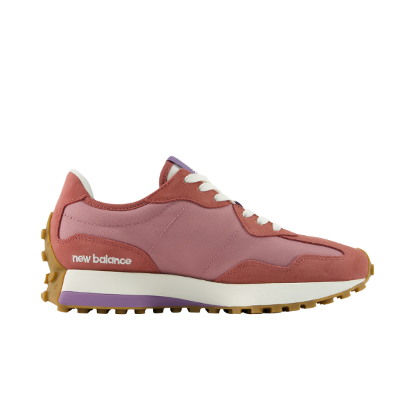 New Balance Women's 327 Rose/White sneakers with white laces, gum sole, and purple midsole detail shown in profile.
