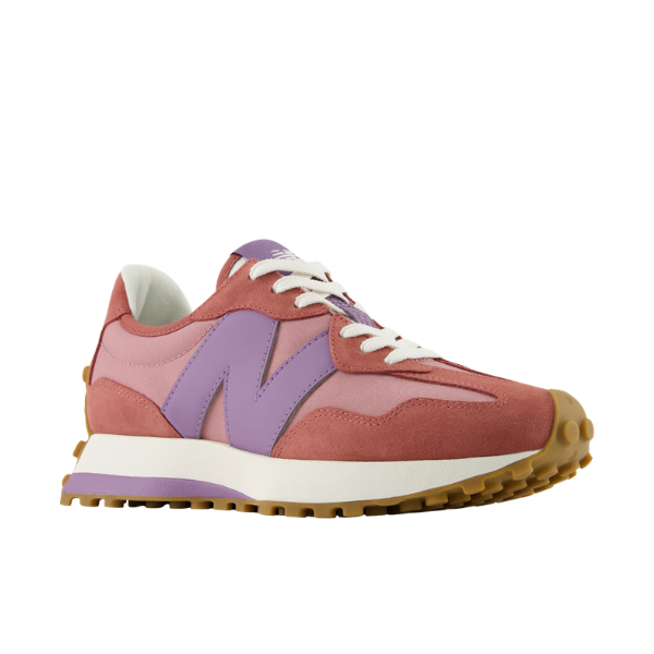 New Balance Women’s 327 Rose/White sneaker with white laces and a brown sole, shown on a white background.