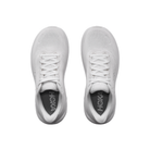 Top view of HOKA Women's Clifton 11 Wide White/White sneakers with visible laces and dark insoles on white.