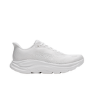 HOKA Women's Clifton 11 Wide White/White sneakers, side view, with mesh upper and thick cushioned sole.