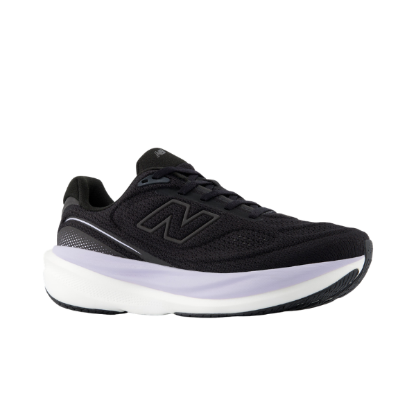 NEW BALANCE Women's 1080V15 Black/Violet running shoe with mesh upper and white sole, shown in profile.