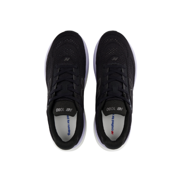 New Balance Women's 1080V15 Black/Violet running shoe, top view, white soles, on a white background.