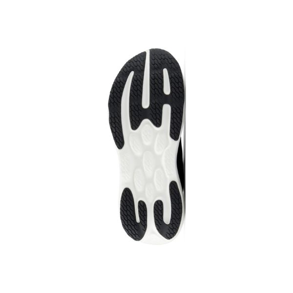 The New Balance Women's 1080V15 sole shows cushioned, wavy treads in black/white from beneath, set on a white background.