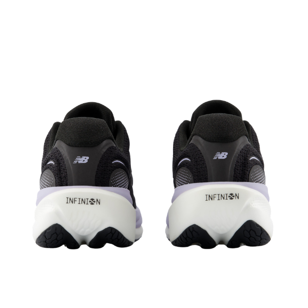 New Balance Women's 1080V15 Black/Violet running shoes, back view, white soles feature INFINIØN branding.