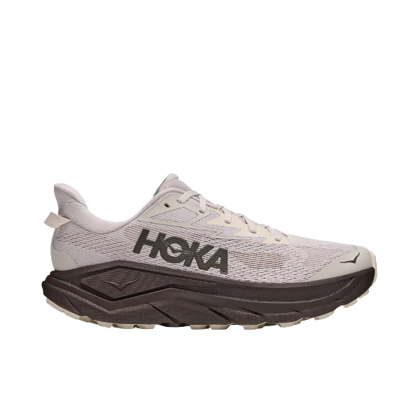 Grey Hoka Men's Challenger 8 trail running shoes with thick sole, mesh upper, and HOKA logo on the side.