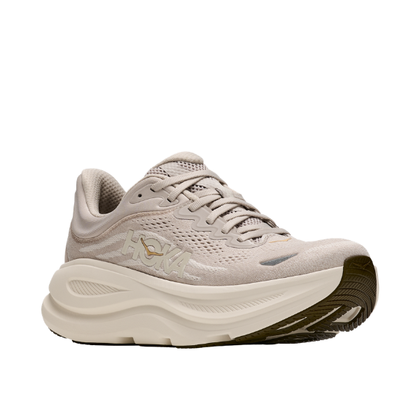 HOKA Women's Bondi 9 Grey/Alabaster, thick white sole—great for plantar fasciitis—side view on white.