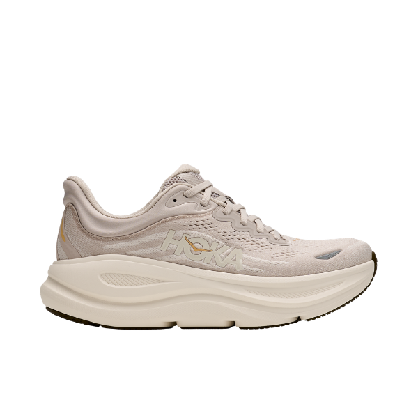 HOKA Women's Bondi 9 in Grey/Alabaster: thick sole, mesh upper, side logo—great for plantar fasciitis.