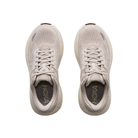HOKA Women's Bondi 9 Grey/Alabaster running shoes, ideal for plantar fasciitis, seen from above on white.
