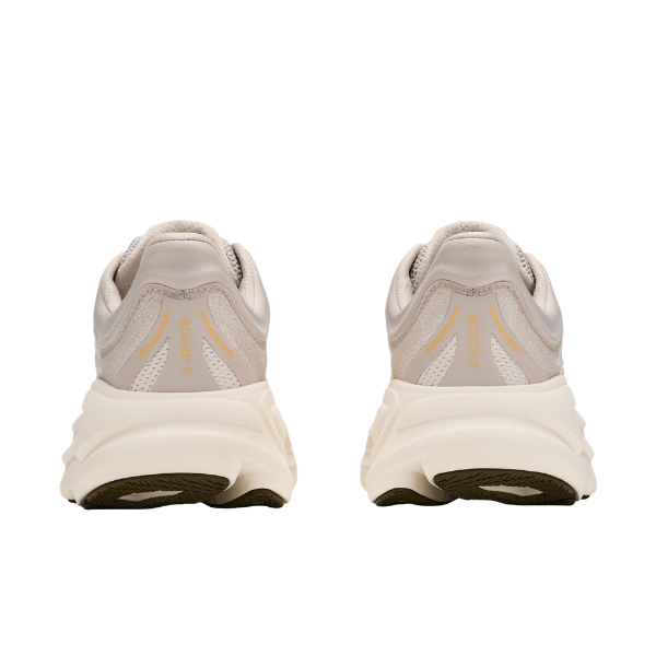 HOKA Women's Bondi 9 in Grey/Alabaster with cushioned soles, perfect for plantar fasciitis support.