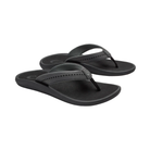 OLUKAI Women’s Ulele Black thong sandals with a supportive footbed and minimalist design on a white background.